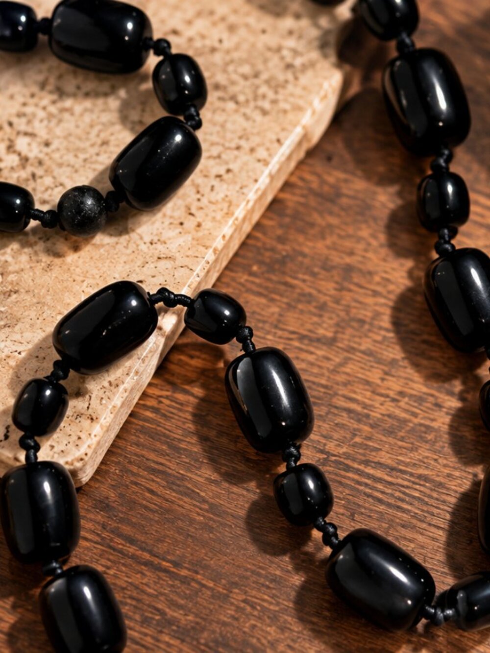 Vintage Chunky Black Resin Barrel Bead Knotted Statement Necklace 36"